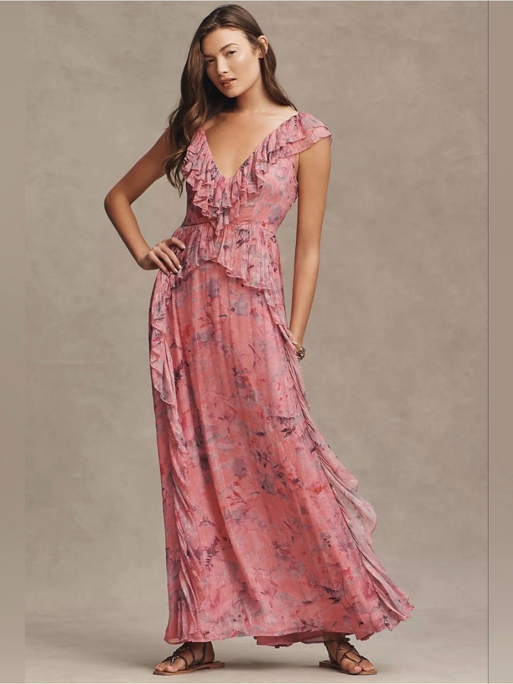 BHLDN Anthropologie Blush Pink Ruffled Floral Maxi Dress Medium